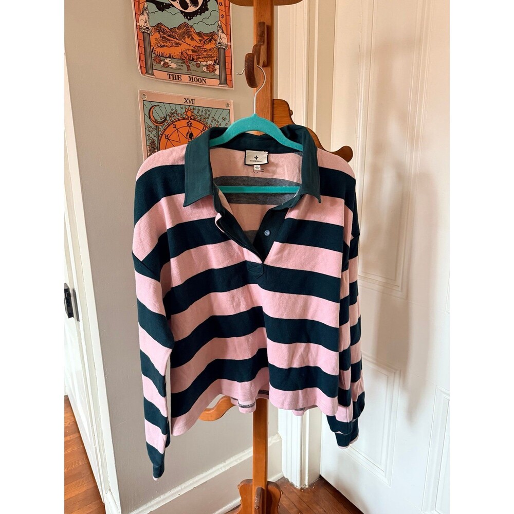 Tuckernuck rugby pink and green striped polo